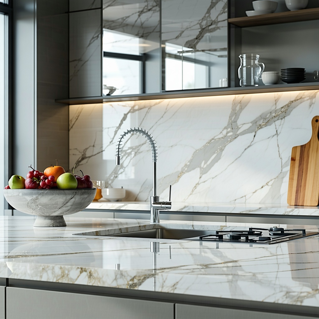 The image features a modern kitchen with sleek white quartz countertops that gleam under warm natural lighting The countertops are complemented by minimalist cabinetry in a soft gray and a stylish stainless steel sink seamlessly integrates into the d-1